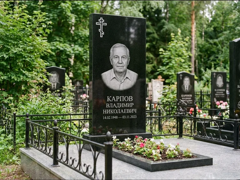 Памятник из чёрного гранита — узкая стела с ажурным крестом с православным восьмиконечным крестом, работа «Гущин» в Рязани