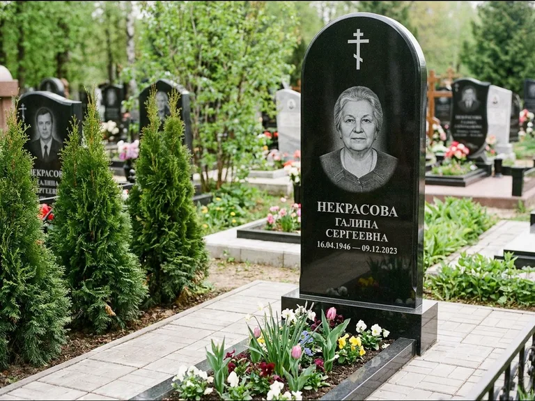 Памятник из чёрного гранита — стела с цветником-плитой с латинским крестом, работа «Лаврентьева» в Рязани