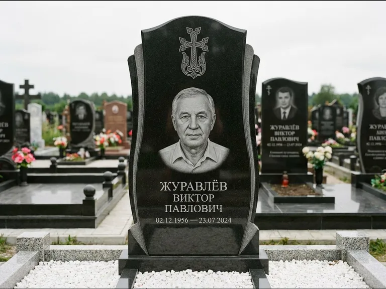 Памятник из чёрного гранита — панорамная стела с армянским хачкаром, работа «Тихонов» в Рязани