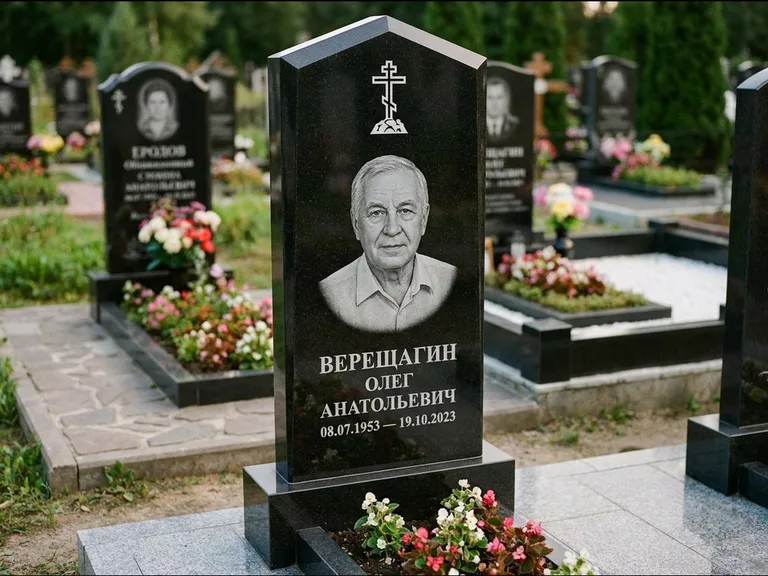 Памятник из чёрного гранита — обелиск-колонна с крестом на Голгофе, работа «Ковалёв» в Рязани