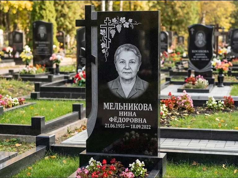 Памятник из чёрного гранита — стела с резной рамкой с крестом с распятием, работа «Некрасова» в Рязани