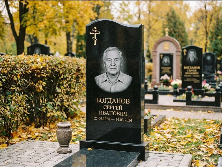 Памятник из чёрного гранита — стела с цветником с процветшим крестом с виноградной лозой, работа «Журавлёв» в Рязани