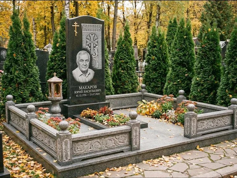 Памятник из чёрного гранита — стела с крестом и лампадой с армянским хачкаром, работа «Гущин» в Рязани
