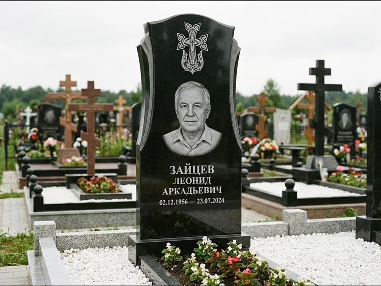 Памятник из чёрного гранита — семейная стела на двоих с армянским хачкаром, работа «Журавлёв» в Рязани