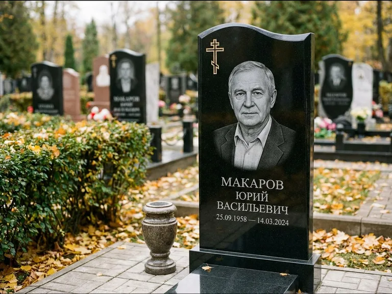 Памятник из чёрного гранита — фигурная стела с киот-нишей с процветшим крестом с виноградной лозой, работа «Богданов» в Рязани