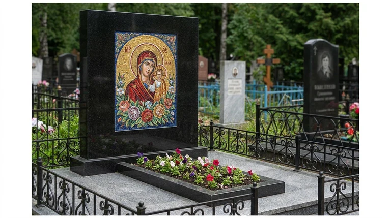 Мозаика на памятник в Рязани — цветное панно из смальты на чёрной гранитной стеле