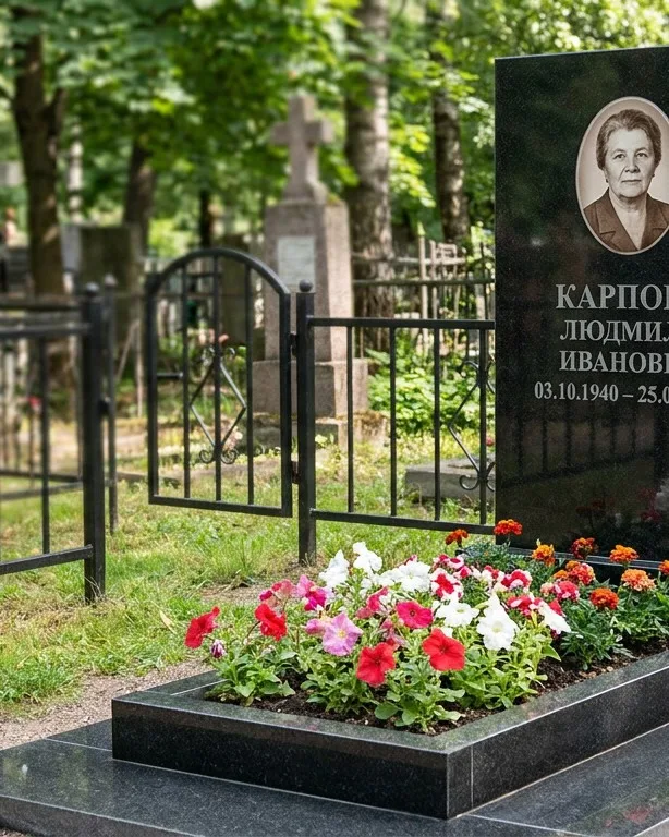 Памятник под ключ с низкой оградой и цветником в Рязани