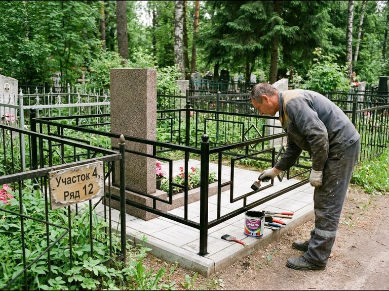 Покраска оградки на кладбище в Рязани — мастер красит металлическую ограду на могиле чёрной эмалью