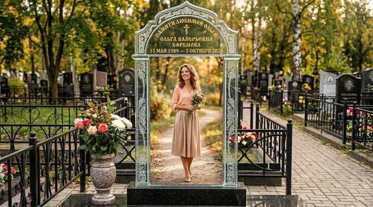 Портрет на стекле в форме арки на памятнике в Рязани