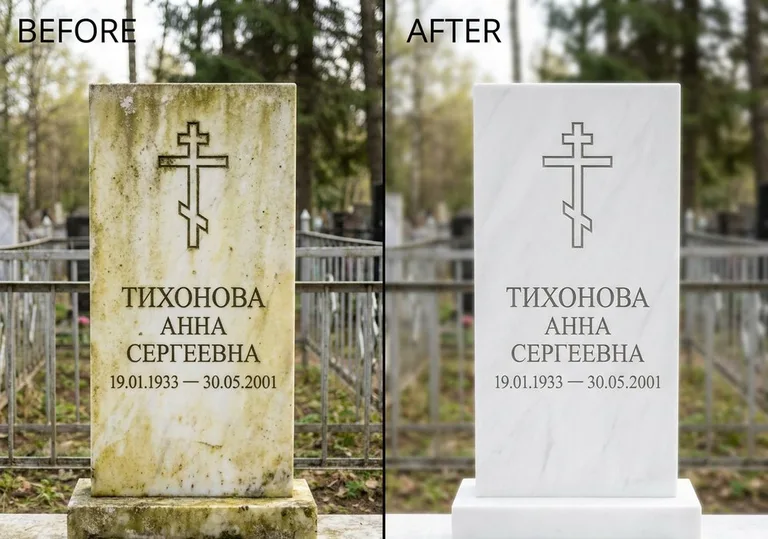 Восстановление мраморного надгробия от желтизны: до и после в Рязани