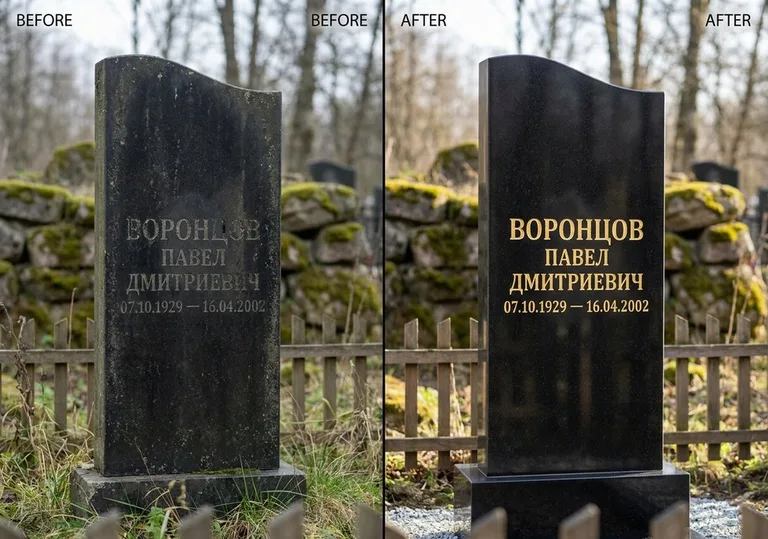 Золочение и обновление надписей на памятнике: до и после в Рязани