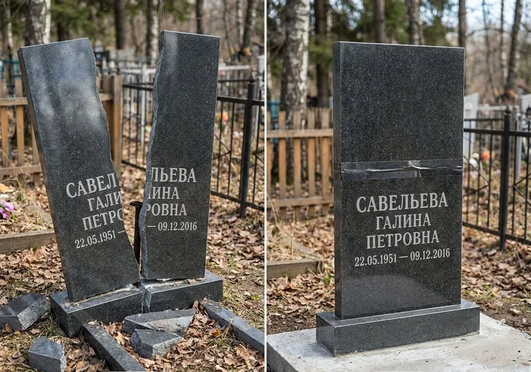 Склейка расколотого гранитного памятника: до и после в Рязани