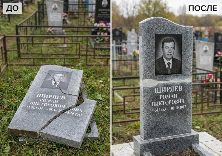 Обновление золочёных букв на граните: до и после в Рязани