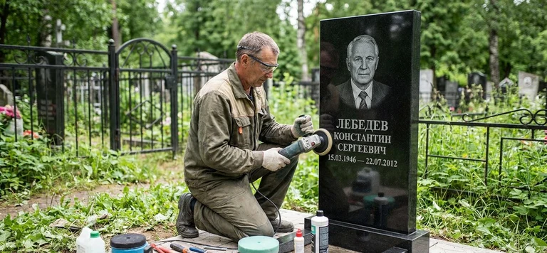 Реставрация памятника в Рязани — восстановление гранита, заделка трещин и обновление надписей на кладбище
