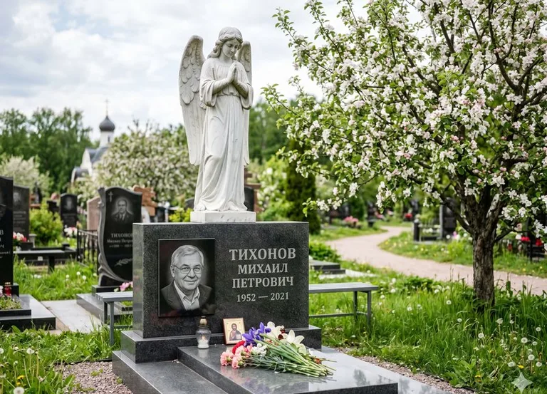 Мраморный молящийся ангел на гранитном памятнике весной в Рязани