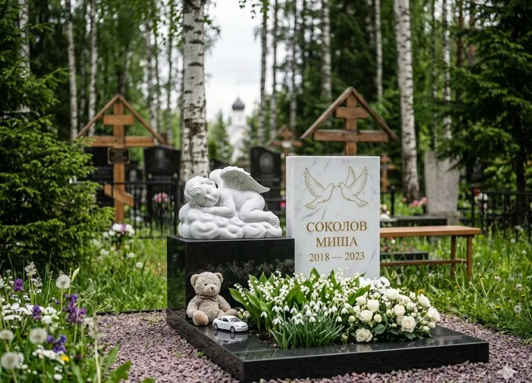 Белый ангелочек на детском памятнике в Рязани