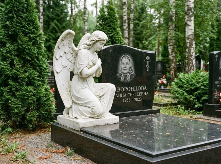 Белый мраморный ангел на гранитном памятнике в Рязани