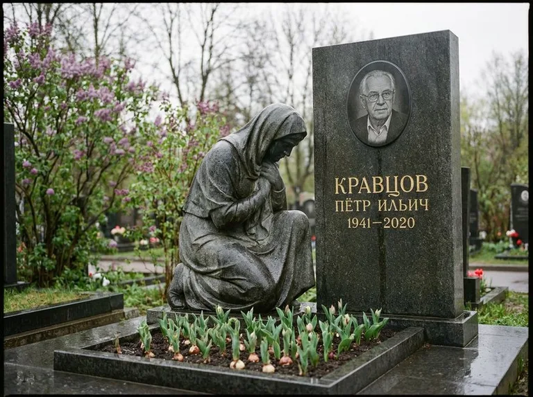Гранитная скорбящая фигура у стелы на кладбище в Рязани
