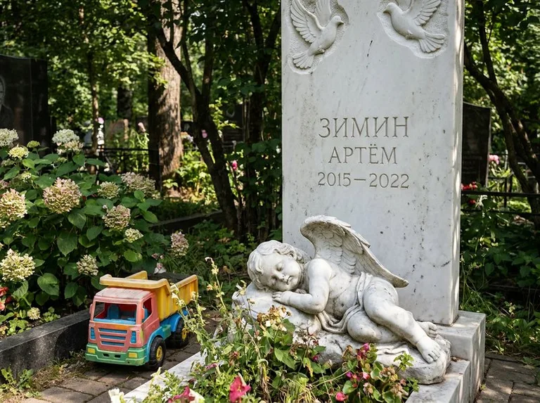 Спящий ангелочек на детском памятнике в Рязани
