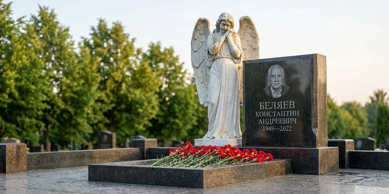 Скульптура на памятник в Рязани — мраморный ангел на гранитном мемориале