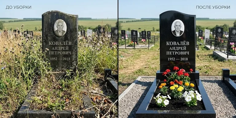 Уборка могилы до и после — ухоженный участок в Рязани
