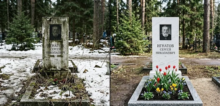 Диптих №6: высадка хризантем у подножия серого гранита — до и после уборки в Рязани