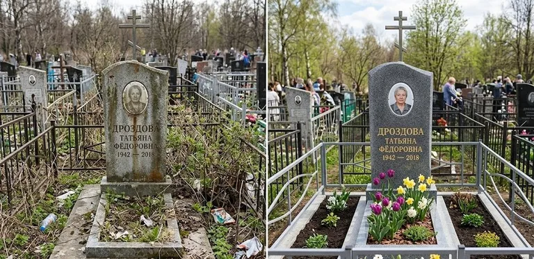 Диптих №4: свежепокрашенная серебром оградка и отмытый красный гранит — до и после в Рязани