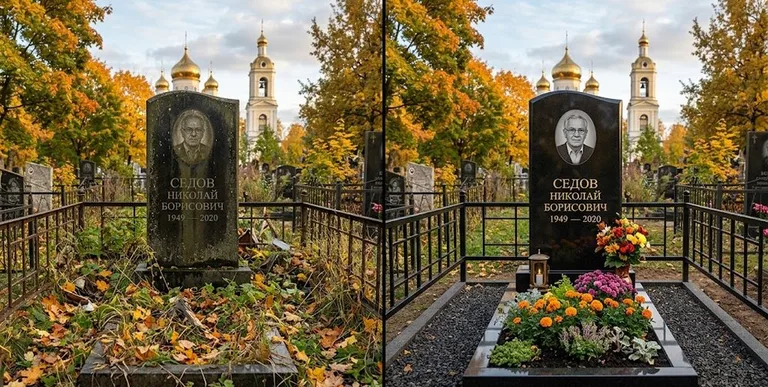 Уборка могилы до и после осенью — у церкви в Рязани