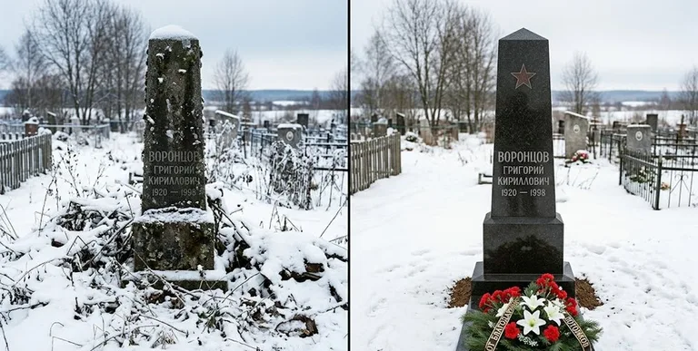Уборка могилы до и после зимой — воинский обелиск в Рязани