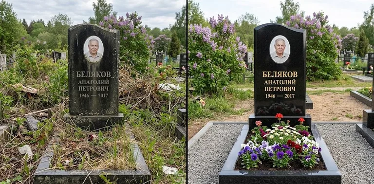 Уборка могилы до и после весной — цветущая сирень в Рязани