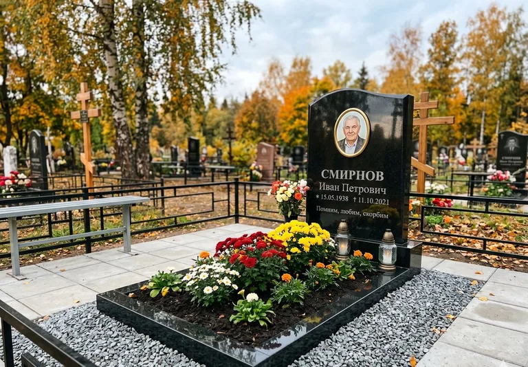 Ухоженная могила после уборки и мойки памятника в Рязани