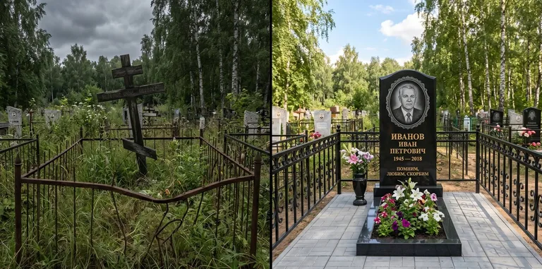 Благоустройство могилы до и после установки памятника в Рязани