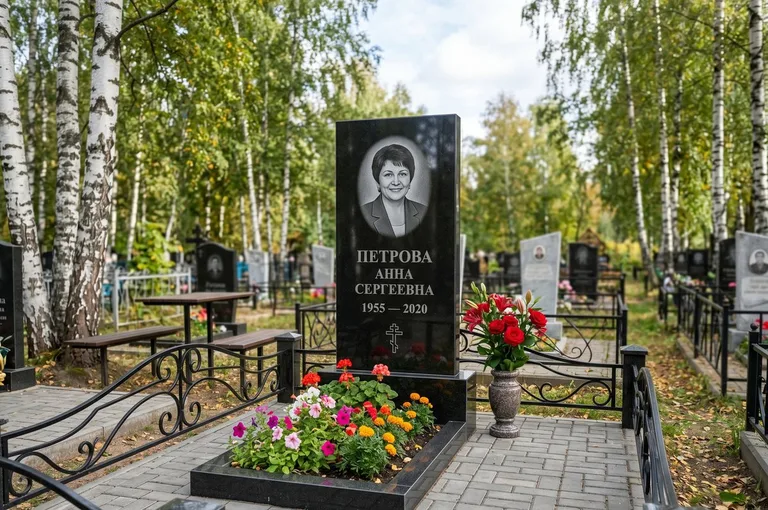 Гранитный памятник с цветником и плиткой в Рязани