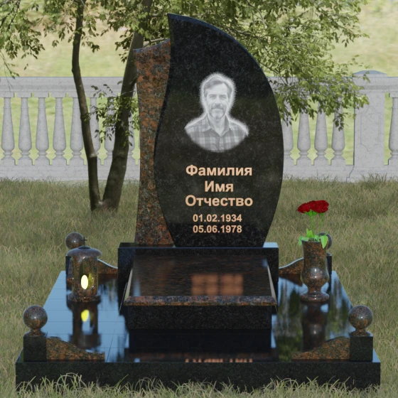 Стела — лепесток с фактурной вставкой, гранит Габбро-диабаз, вид 2, в Якутске