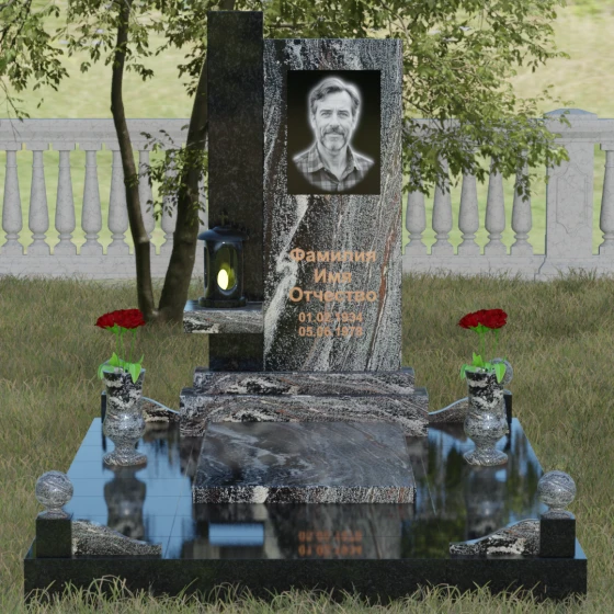 Светский комбинированный вертикальный памятник в Салехарде, гранит амфиболит, вид 2