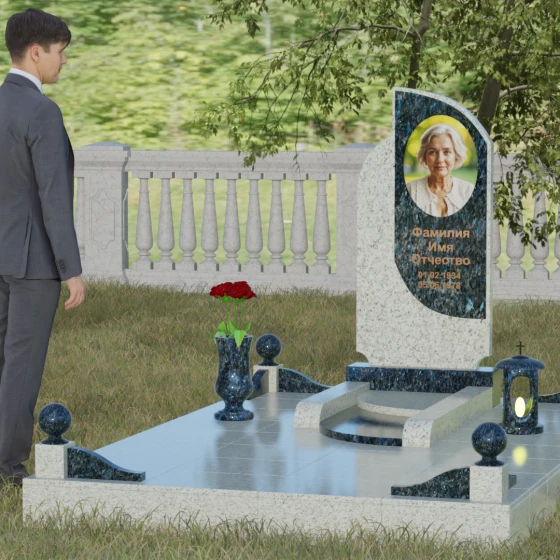 Вертикальный комбинированный памятник на одного во Владивостоке, гранит Блю Перл, вид 4