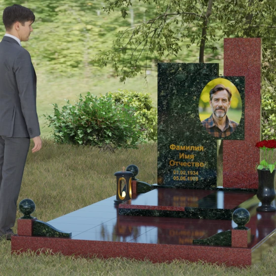 Комбинированный вертикальный памятник в Нижневартовске, гранит Балтик грин, вид 4