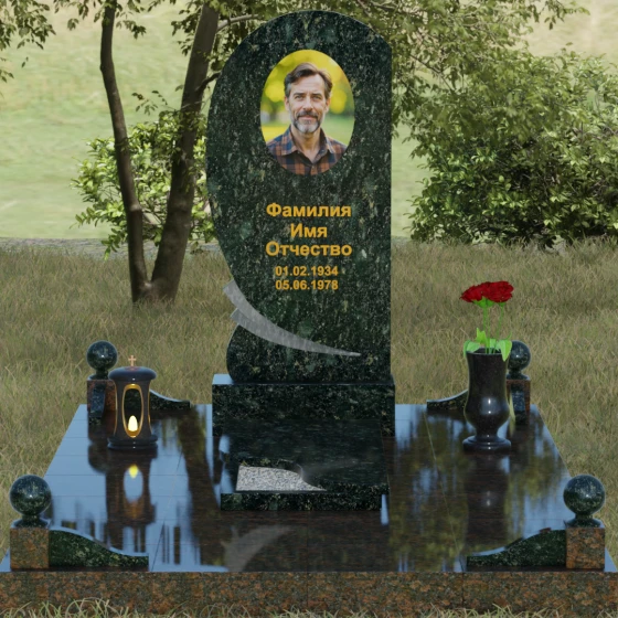 Гранитный памятник «Волна» с изгибом, гранит Балтик грин, вид 2, в Якутске
