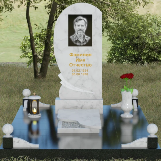 Гранитный памятник «Волна» с изгибом, мрамор Тассос, вид 2, в Якутске