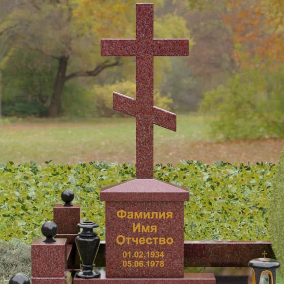 Гранитный памятник — крест восьмиконечный с шарами, гранит Лезниковский, в Якутске