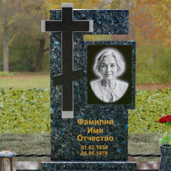 Комбинированный православный памятник с крестом в Рязани, гранит Блю Перл