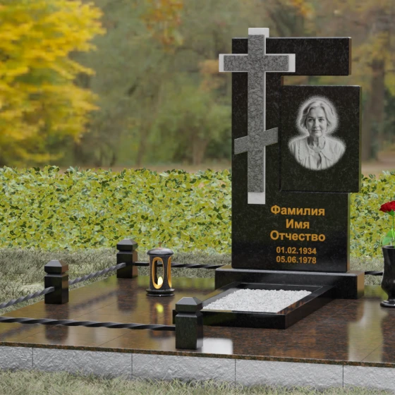 Комбинированный православный памятник с крестом в Рязани, гранит Габбро-диабаз, вид 4