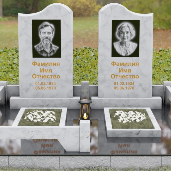 Памятник гранитный двойной с волнообразным верхом, мрамор Тассос, вид 2, в Якутске