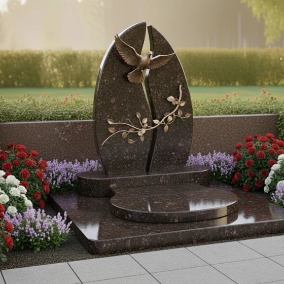 Элитный вертикальный памятник из гранита и металла в Казани, гранит Лезниковский