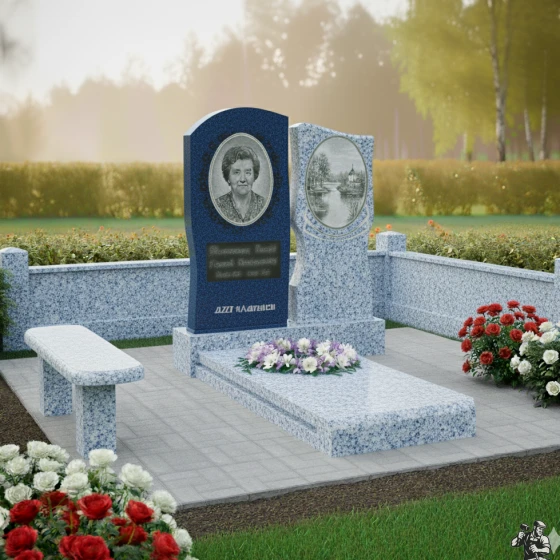 Двойной памятник с пейзажем и орнаментом, гранит Блю Перл