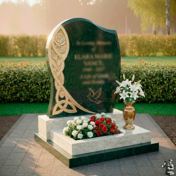 Гранитный вертикальный памятник с мемориальным комплексом в Липецке, гранит Балтик грин