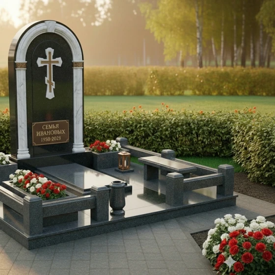 Комбинированный семейный православный памятник в Ставрополе, гранит амфиболит
