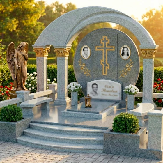 Гранитный памятник на троих с крестом в Омске, гранит Мансуровский