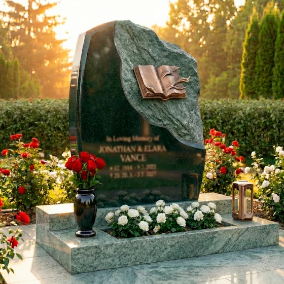 Элитный комбинированный памятник для двоих во Владивостоке, гранит Балтик грин