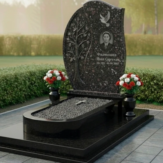 Гранитный мемориал с деревом и голубем, гранит амфиболит, в Якутске